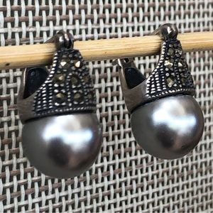 Vintage Sterling Silver Marcasite Faux Pearl Earrings